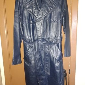 1960's, 100% leather vintage, Navy Blue, short trench coat.